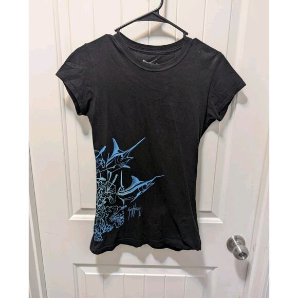 Women’s M Guy Harvey Black Blue Marlin Floral Color T Shirt 100% Cotton - Picture 1 of 6